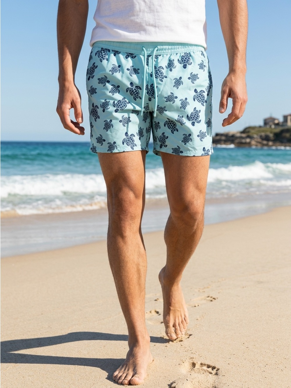 Vilebrequin Men’s Sea Turtle Print Swim Trunks Aqua Blue Mesh Lined Shorts